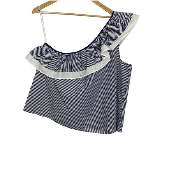 Jcrew one shoulder ruffle top blouse stripe blue and white Size 16 NWT - Picture 2 of 11